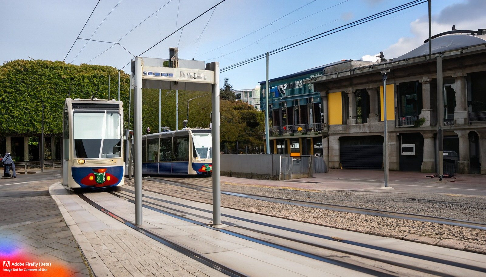 ADOBE FIREFLY EXAMPLE NOT FOR COMMERCIAL USE - THE LUAS TRAM STOP AT WINDY ARBOUR AND THE IMMEDIATE AREA