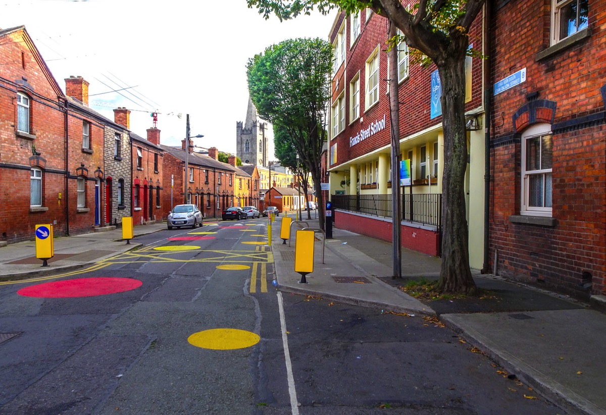 PENCIL SHAPED BOLLARDS  AND THE FRANCIS STREET SCHOOL ZONE  ON JOHN DILLON STREET - ST NICHOLAS PLACE - CLARENCE MANGAN SQUARE 004