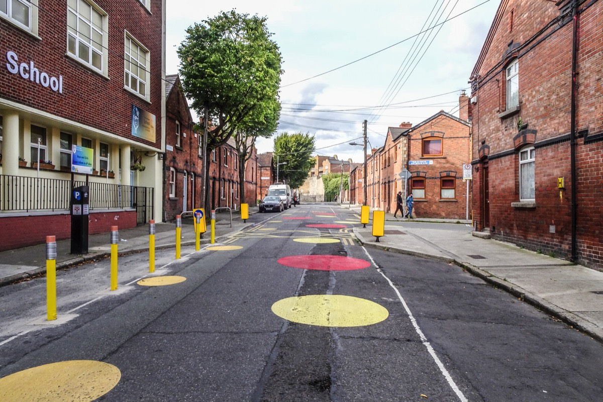 PENCIL SHAPED BOLLARDS  AND THE FRANCIS STREET SCHOOL ZONE  ON JOHN DILLON STREET - ST NICHOLAS PLACE - CLARENCE MANGAN SQUARE 006