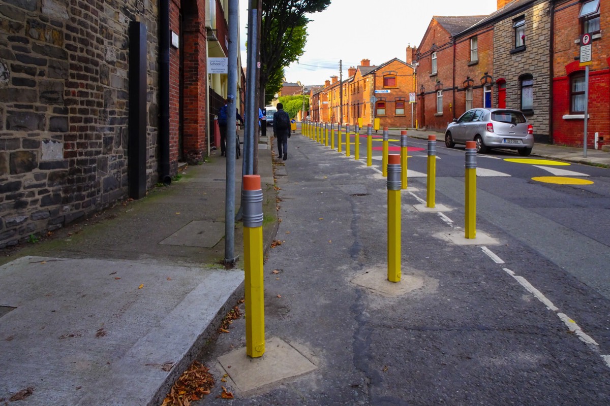 PENCIL SHAPED BOLLARDS  AND THE FRANCIS STREET SCHOOL ZONE  ON JOHN DILLON STREET - ST NICHOLAS PLACE - CLARENCE MANGAN SQUARE 009