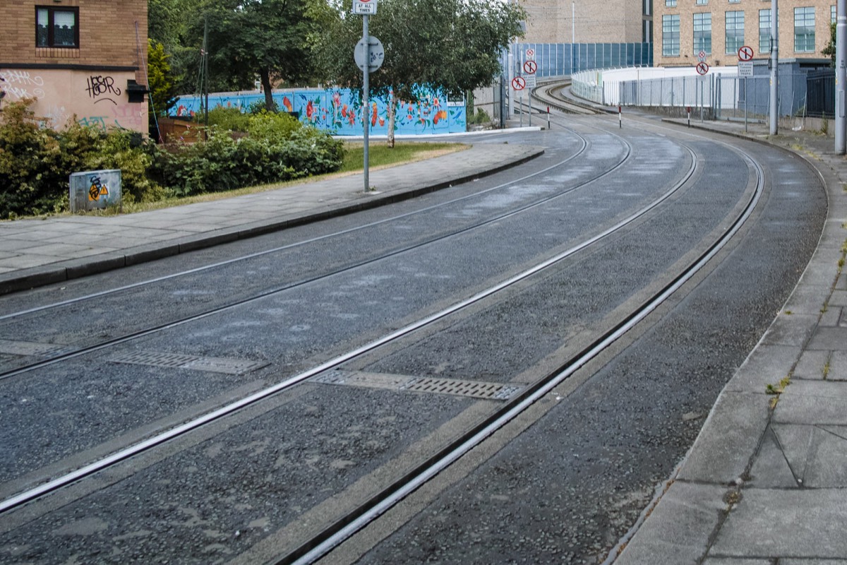 etween Harcourt and Charlemont tram stops the green line Luas turns off Adelaide Road onto Peters Place 001