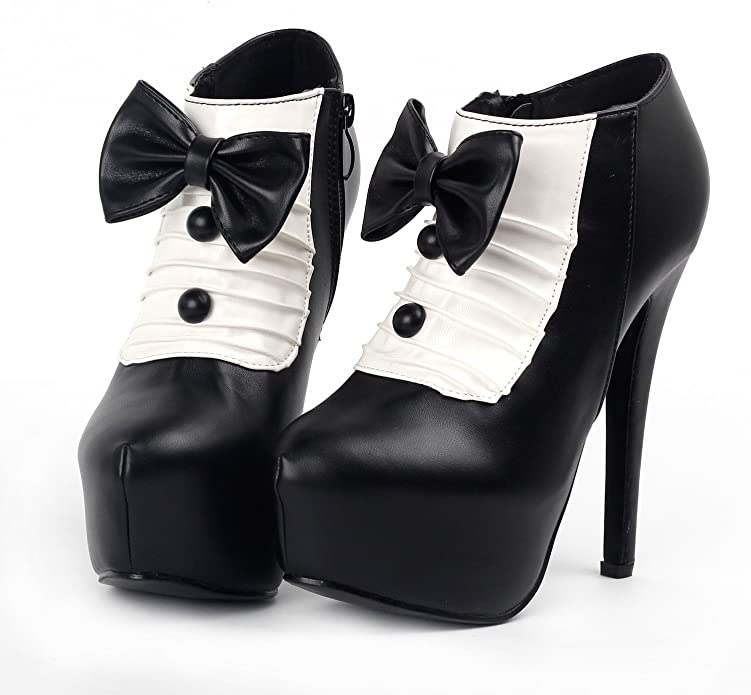 SHOW STORY Retro Two Tone Bow Button Platform Stiletto Ankle Bootie Boot LF80842  