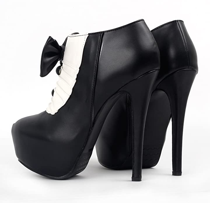 SHOW STORY Retro Two Tone Bow Button Platform Stiletto Ankle Bootie Boot LF80842  004