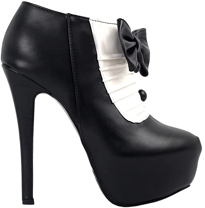 SHOW STORY Retro Two Tone Bow Button Platform Stiletto Ankle Bootie Boot LF80842  005